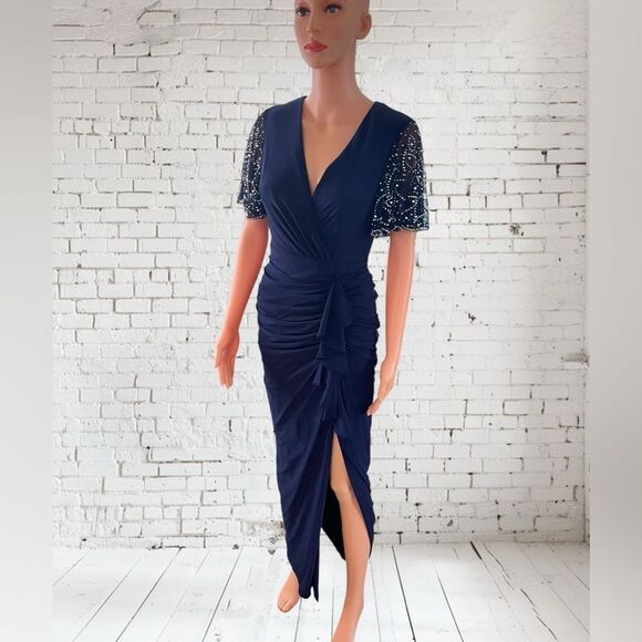Betsy & Adam Navy Midi Dress with Embellished Sleeves Sz. 4P - Picture 2 of 10